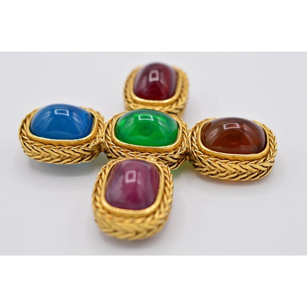 Givenchy Vintage Gripoix Byzantine Cross Pin Brooch Cabochon Glass Signed BinF - Picture 5 of 12